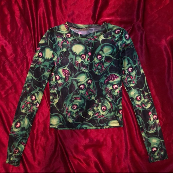 Dolls Kill Tops - Corpse Skull Print Mesh Long Sleeve Crop Top